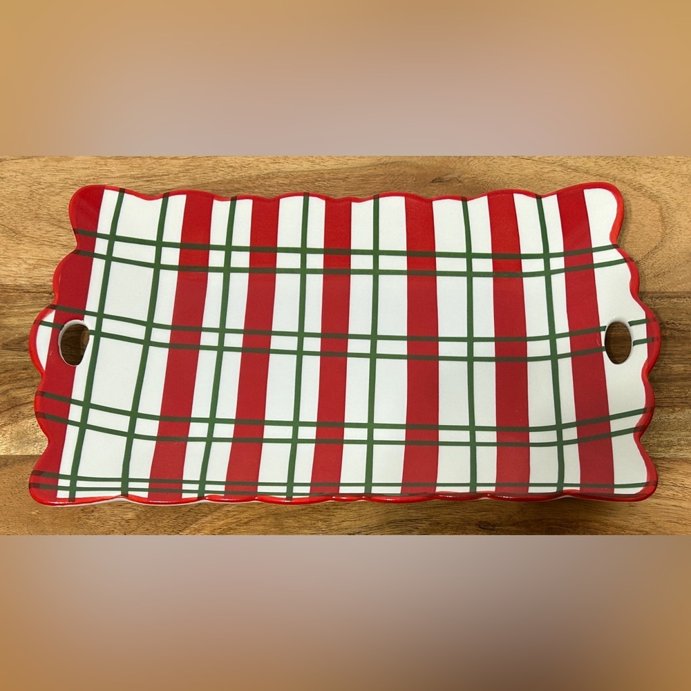 Sleigh Bell Bistro Ceramic Serving Tray Christmas Plaid Red Green 11.5” NEW